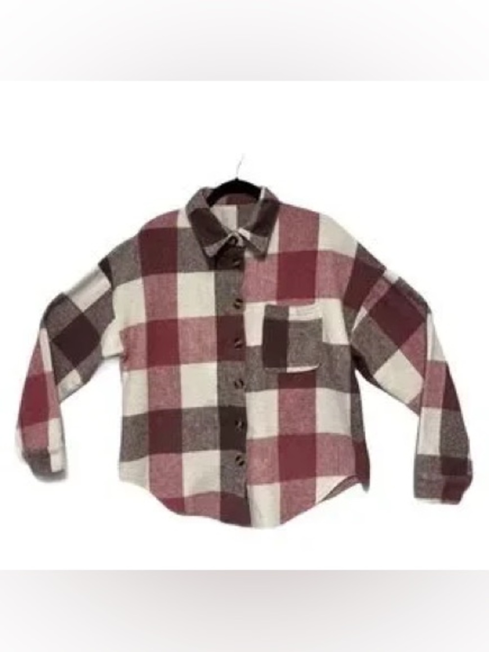 Pink Brown White Plaid Flannel Button Down Shirt Shacket